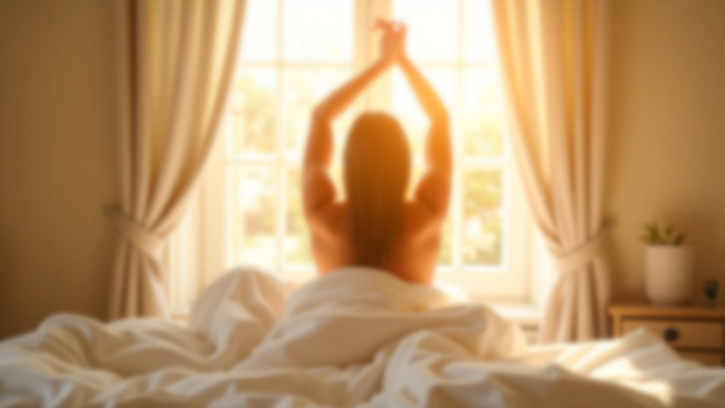 Camera da letto luminosa al mattino con una persona che si stira al letto, sole che entra dalla finestra, biancheria bianca pulita