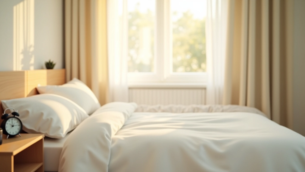 Camera da letto luminosa al mattino presto, finestra con luce naturale, letto ordinato, tavolo con sveglia e bicchiere d'acqua, ambiente tranquillo e sereno