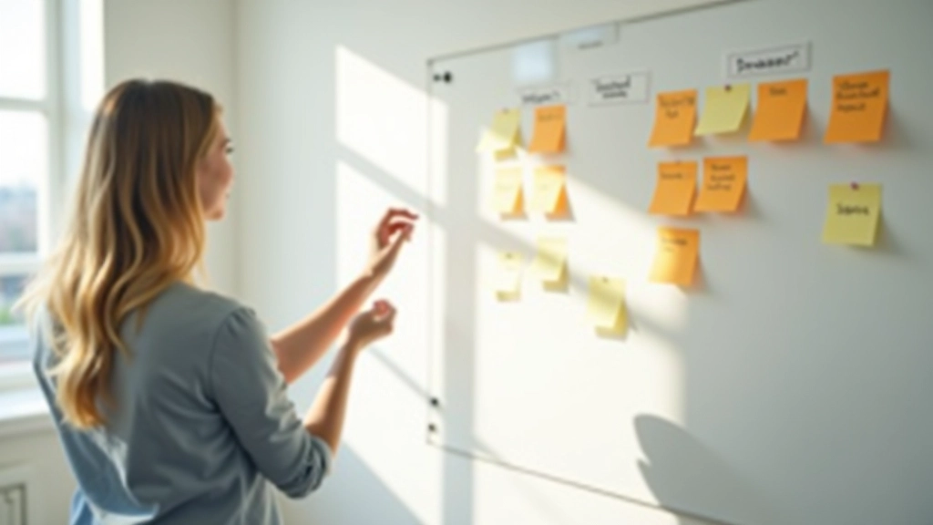 Persone che conversano in un ambiente luminoso, note adesive su una parete bianca con obiettivi scritti, setting di workshop o studio