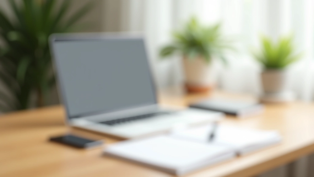 Scrivania ordinata con laptop, quaderno e penna, spazio di lavoro minimalista, pianta sulla scrivania, ambiente luminoso e calmo