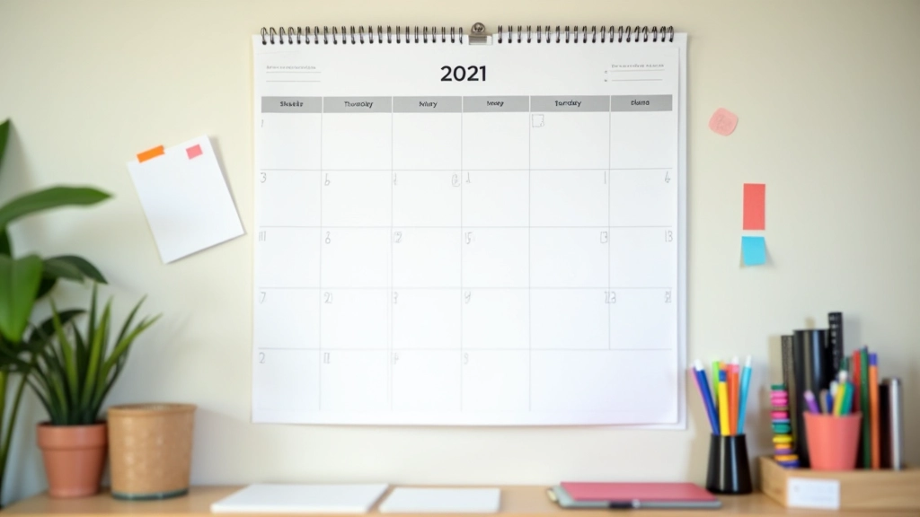 Spazio di lavoro con calendario mensile appeso al muro, marker colorati e una tazza con penne, ambiente organizzato e motivante
