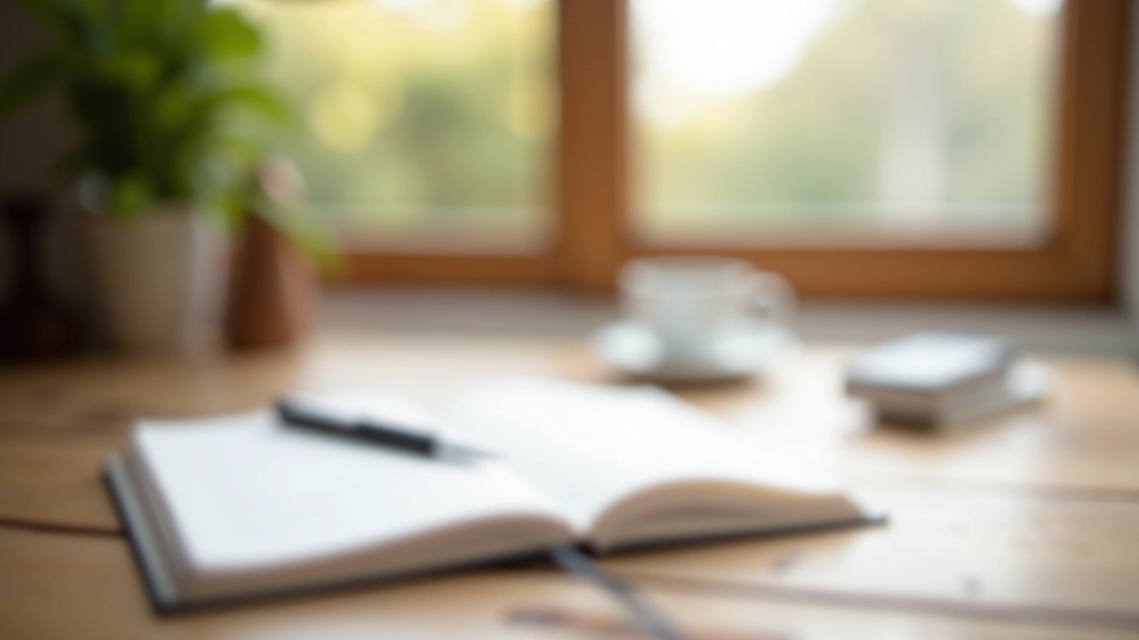 Quaderno aperto con penna su tavolo luminoso al mattino con caffè accanto e finestra soleggiata