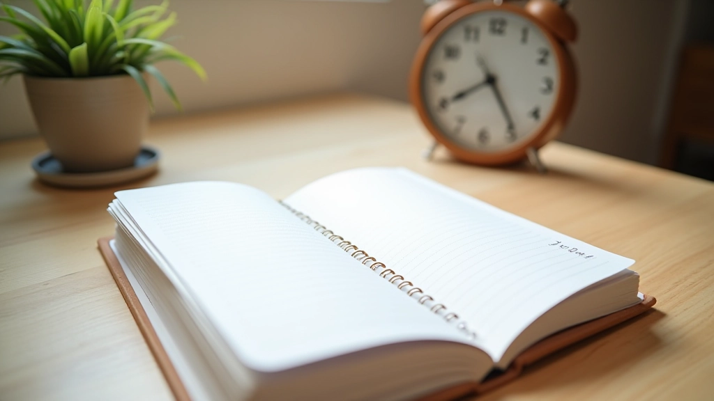 Tavolo con agenda aperta, penna e orologio vintage, ambiente minimalista con luce naturale