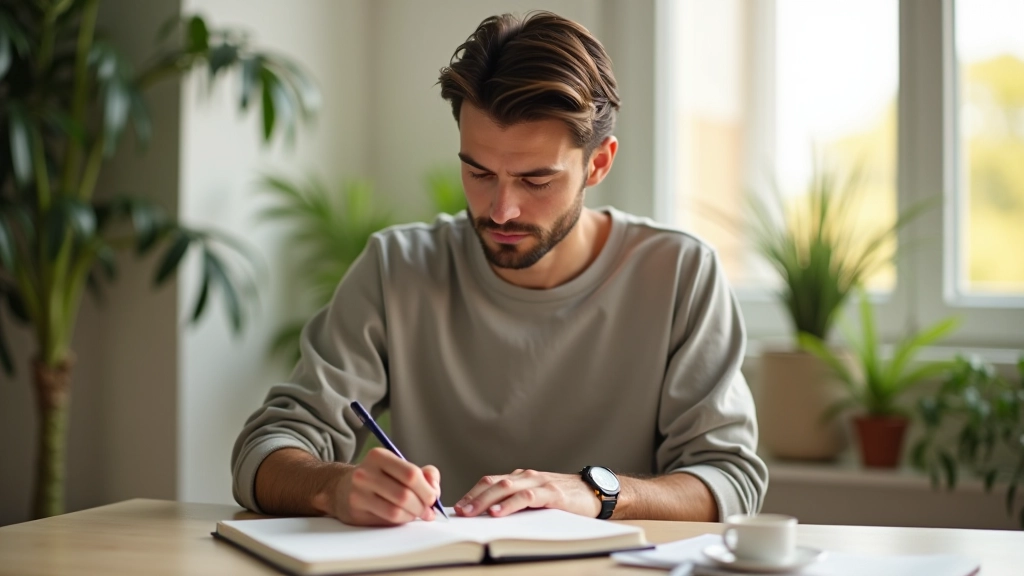 Persona che scrive su agenda in ambiente luminoso, studio organizzato con piante, scrivania ordinata, luce naturale dal mattino