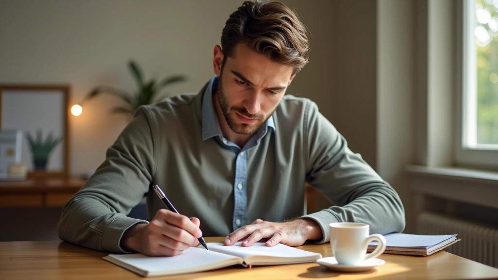 Persona che scrive in un diario con una tazza di caffè sul tavolo, ambiente calmo e riflessivo con luce naturale