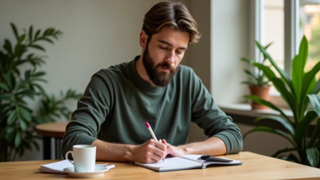 Persona che scrive in un quaderno, accanto tazza di caffè e pianta verde, luce naturale da finestra, ambiente di lavoro minimalista