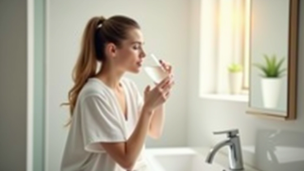 Persona che beve acqua al mattino in bagno luminoso con specchio e finestra soleggiata