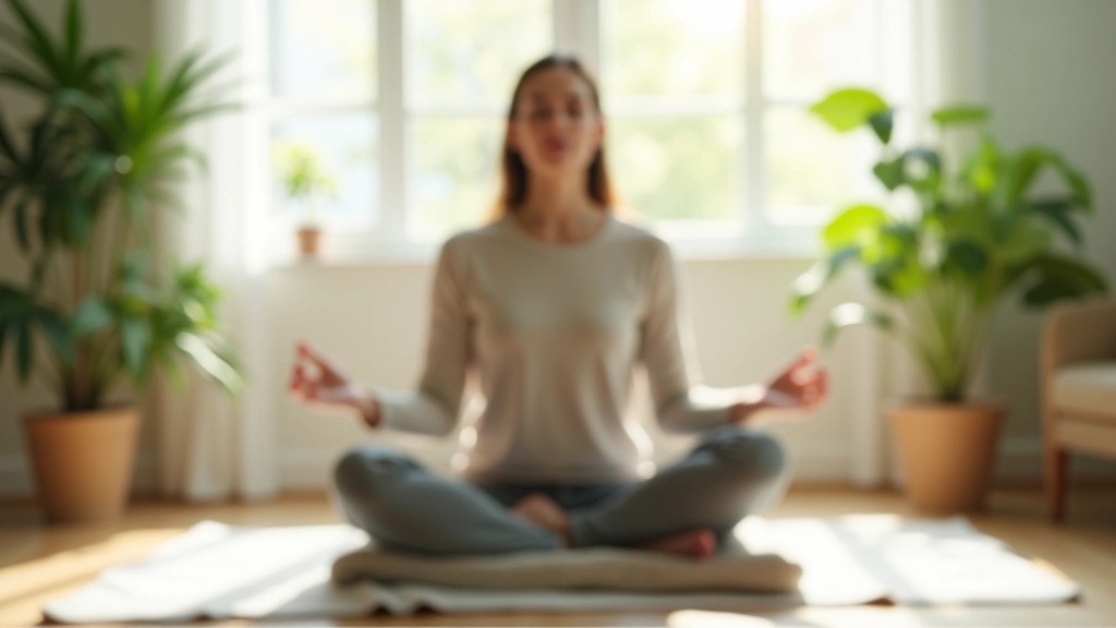 Persona che medita seduta su cuscino in stanza luminosa con piante verdi e finestra aperta