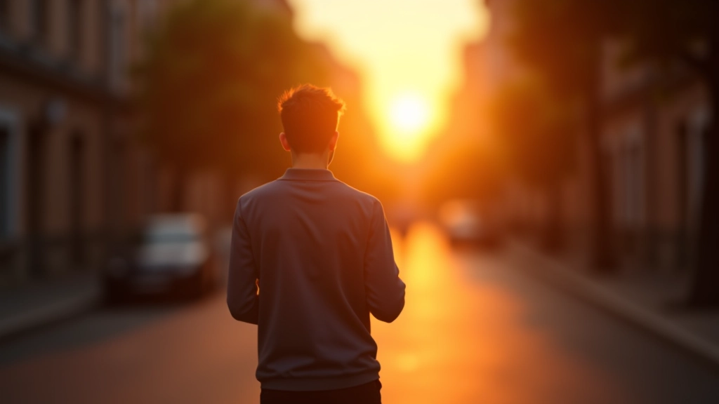 Persona che cammina in strada tranquilla al tramonto, con auricolari, ambiente urbano tranquillo, luce dorata del tramonto, cammino consapevole