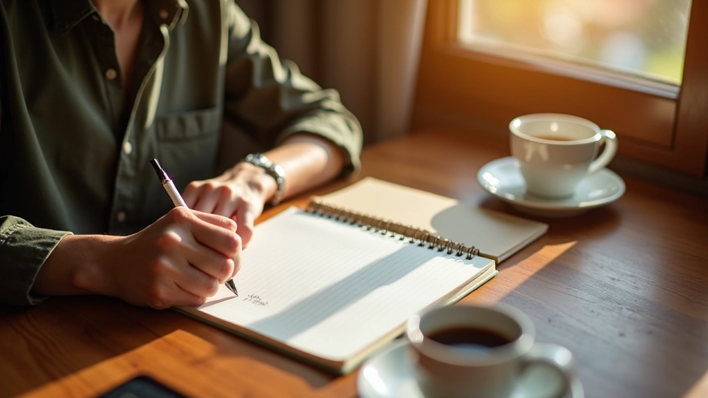 Persona che scrive in un diario mattutino su una scrivania con una tazza di caffè, luce naturale del mattino, vista dall'alto