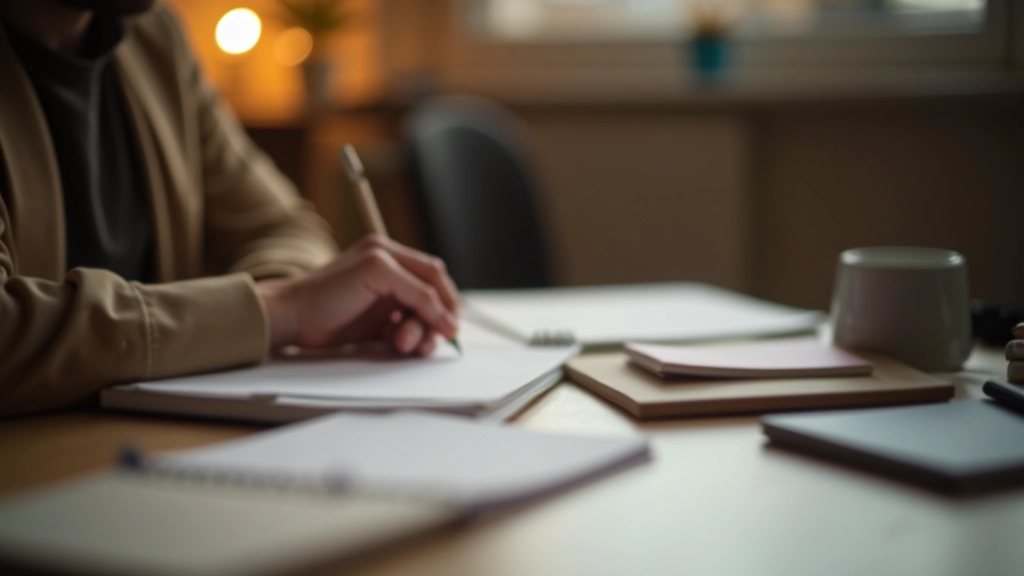 Persona che scrive in un quaderno di pianificazione settimanale, ambiente di lavoro sereno, luce soffusa della sera, concentrazione